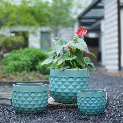 Set di vasi da pianta in ceramica smaltata fatti a mano - 3 pezzi, diametro 36/29,5/21,5 cm, blu turchese con motivo a diamante, traspirante, resistente al gelo, con fori di drenaggio, per interni est (1/5)