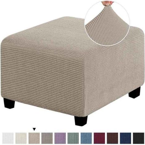 Housse Repose-Pieds - Jacquard Carré Extensible - Tabouret de Rangement Pliant - 3 Tailles Disponibles - Khaki