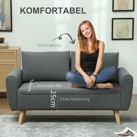 Canapé 2 places en velours côtelé anthracite, assise tissu avec 2 coussins dossier, 145x75x78 cm (1/4)