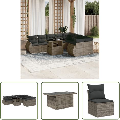 The Living Store Salon de jardin avec coussins 10 pcs gris résine tressée - Ensemble Salon Jardin - Meuble Extérieur - Résine Tressée - Rotin Synthétique - Table Extensible (1/5)