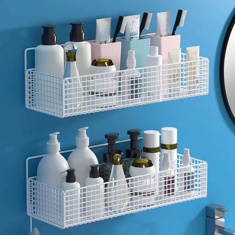 Panier De Rangement Mural - En Fer Blanc - 27x15,5x12 cm - Adhésif Sans Perçage - Pour Cuisine Salle De Bain Placard - 1 Pièce (1/5)