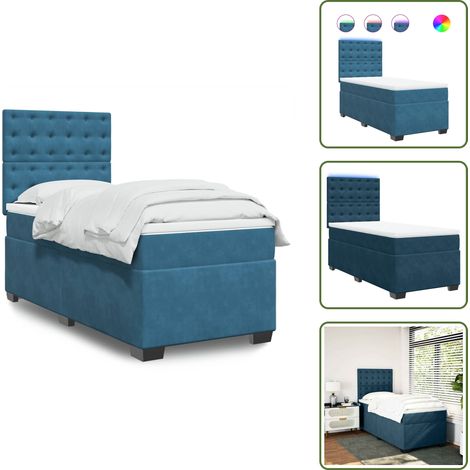 Boxspringbett mit Matratze Blau 90x190 cm Samt - Boxspringbett - Samtbett - Doppelbett - Blau - LED Beleuchtung (1/5)