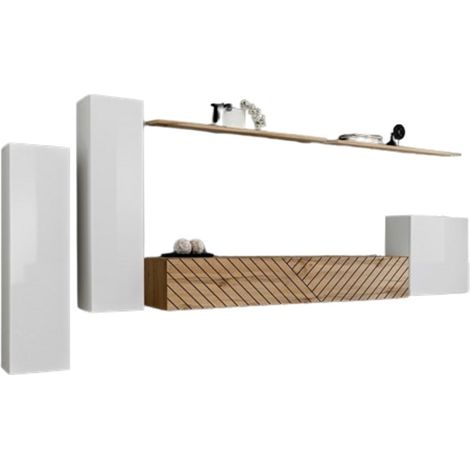 Ensemble meuble salon SWITCH I – Blanc et Chêne Wotan – Finitions effet chêne fraisé – Design moderne