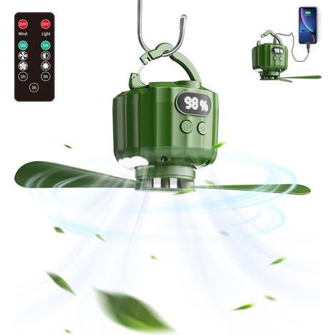 Ventilatore da soffitto per tenda da campeggio, ventilatore portatile per tenda, con luce e telecomando, alimentato da una batteria esterna. (1/5)