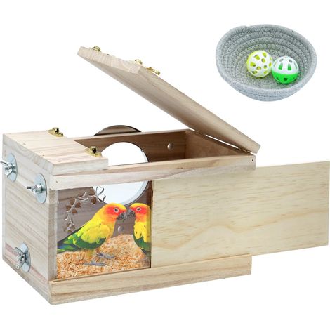 Nichoir en bois pour oiseaux avec fenêtre acrylique et perchoir, nid de reproduction pour perruches et petits perroquets, boîte à oiseaux multifonctionnelle (1/5)