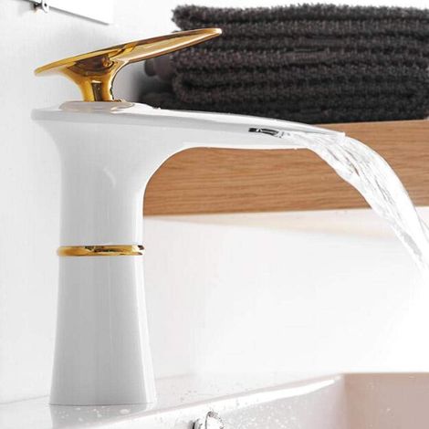 Miscelatore monoforo a cascata per lavabo, acqua calda e fredda, finitura ottone, oro e bianco, installazione sottotop per bagno - ALTRO (1/4)