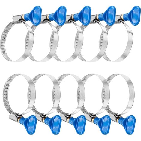 Packung mit 10 Edelstahl-Schlauchschellen mit Flügelmuttern - 25-40 mm - Verstellbare Schellen mit Griff - Für Wasserschläuche, Gasschläuche, Gartenschläuche, Schwimmbadschläuche (blau) (1/5)