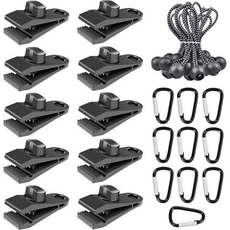 Lntyq Lot de 30 pinces pour tente, auvent, pinces pour bâche avec corde élastique et mousqueton pour tentes de camping en plein air (1/4)