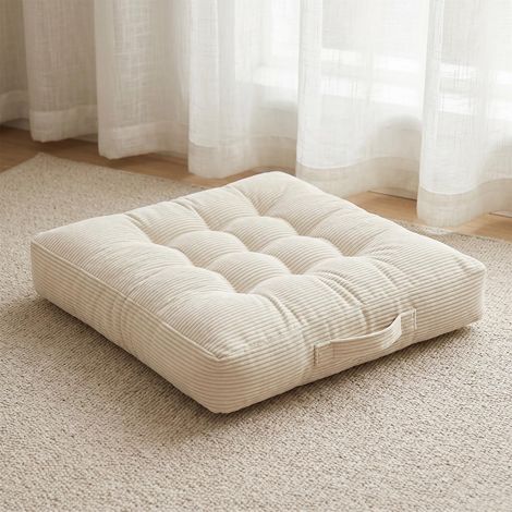 Coussin de sol, 45 x 45 cm, coussin de matelas épais de 8 cm, carré, en velours côtelé, pour intérieur et extérieur, avec poignée de transport, coussins de siège extra épais (blanc, 45 x 45 cm) (1/5)