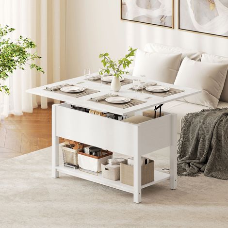 Table basse relevable et extensible de salon, compartiment caché et étagère ouverte, 100 x 45 x 50,5 cm, blanc (1/5)