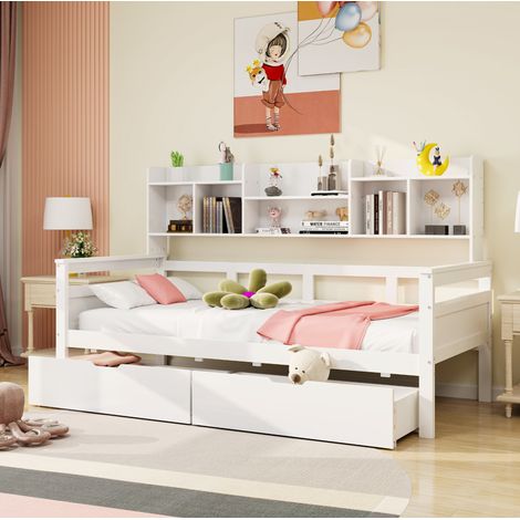 Divano letto 90x200 cm, con 2 cassetti e vani laterali, letto singolo in legno bianco (1/5)