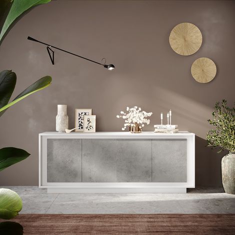 Buffet/bahut moderne 207 cm blanc laqué mat/ciment Rosine (1/4)