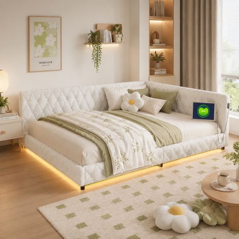 Canapé lit 140x200cm, lit banquette 2 places avec led, usb et type-c, lit double avec sommier à lattes, beige, sans matelas (1/5)