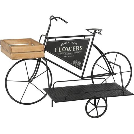 Vélo Jardinière en métal et Plateau en Bois Noir et Naturel 83,5 x 131 x 62 cm