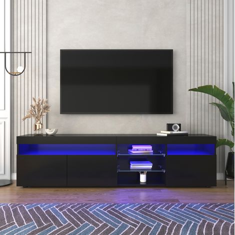 meuble tv rangement LED 180 cm MDF noir brillant verre HAVRYA (1/5)