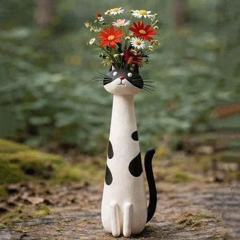 Vase original en forme de chat, portable, mignon et pratique - vase chat original fait main - noir et blanc -