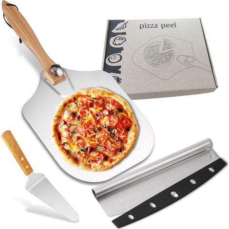 30 cm Pizzaschieber, Pizzaschieber mit großer Auflagefläche und Aluminiumständer für mehr Stabilität, professioneller Pizzaschieber mit klappbarem Holzgriff zum Backen von Pizza und Brot