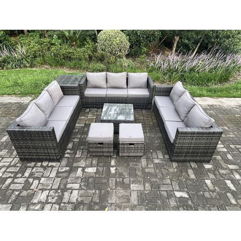 Fimous 11 Seater Outdoor Rattan Garden Furniture Set Patio Lounge Sofa Set with Side Table Square Coffee Table 2 Small Footstool Dark Grey Mixed (1/5)