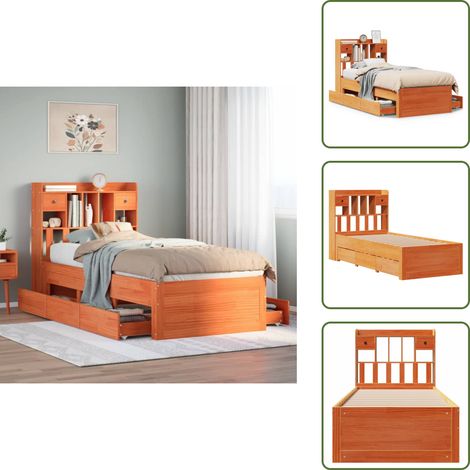 Massivholzbett mit Regal ohne Matratze Wachsbraun 75x190 cm - Bett Mit Regal - Bett Mit Bücherregal - Holzbett Mit Regal - Holzbett Mit Bücherregal (1/5)
