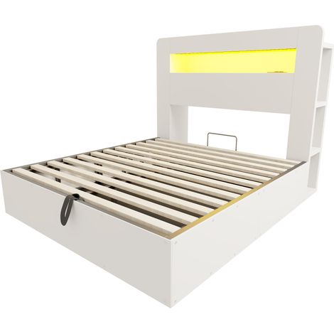 GagaLit plateforme bois 140x200 cm rangement hydraulique LED blanc (1/5)