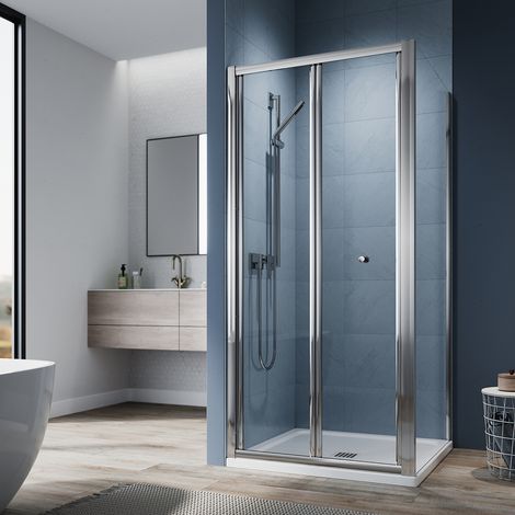 ELEGANT 900mm Bi-Fold Shower Door Enclosure Glass Reversible Folding Cubicle with Side Panel, Rectangular SMC Tray and Waste Trap