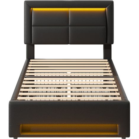 Lit rembourré 90x200 cm, avec port USB (charge sans fil et filaire prise en charge), avec éclairage LED et quatre tiroirs, sans matelas, motif litchi en PU, noir (1/5)