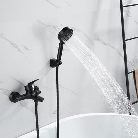 Auralum Grifo Ducha, Grifo Bañera con 5 Funciones Ducha de Mano, Grifo Monomando Ducha con 150 cm Manguera de Ducha, Set de Ducha Cromado de Latón Montaje en Pared, Negro