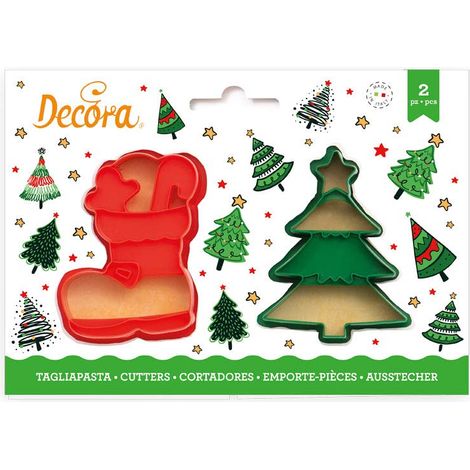 Decora 0255096 Set 2 Tagliapasta Albero Natale E Scarpone In Plastica, Il Kit Ideale per Creare Decorazioni in Pasta di Zucchero o di Gomma, Made in Italy, Design originale. Confezione da 2 pezzi. (1/3)