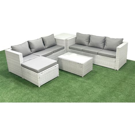Fimous Garten Polyrattanmöbel Set 7-Sitzer Rattan Garten Sofa Set mit 2 Großer Hockern Beistelltisch Hellgrau gemischt (1/5)