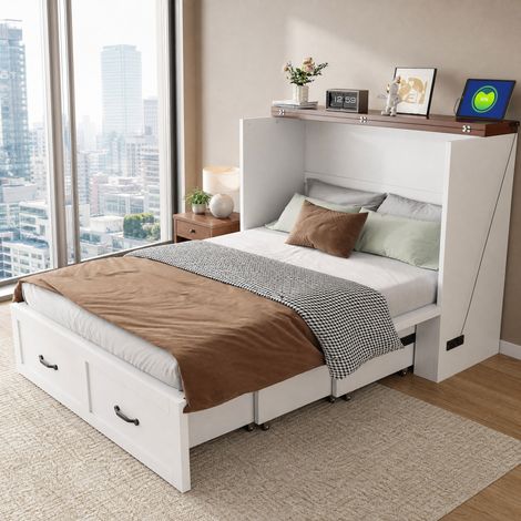 CHICFURN Cama abatible doble 140x200 cm de metal blanco con enchufe europeo (1/5)