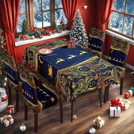 Ensemble de 4 housses de chaise et nappes de Noël neuves en soie de lait imperméables et extensibles (TC-21) - 20255