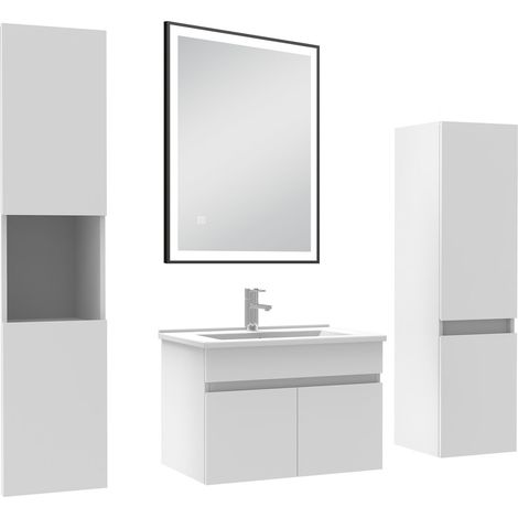 Océan Meuble simple vasque blanc 60cm avec colonne et miroir lumineux 3 couleurs et dimmable (1/5)