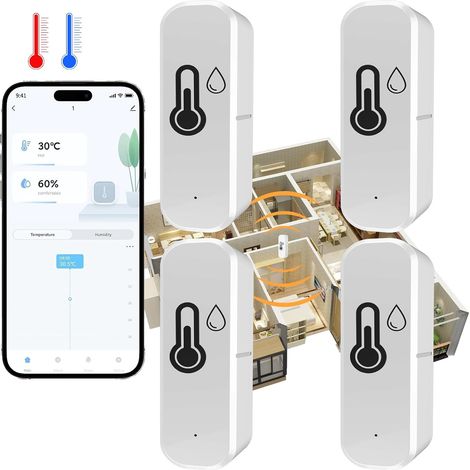 Thermomètre Hygromètre Wifi pour surveillance de la température et de l'humidité intérieure et extérieure, fonctionne avec l'application Smart Life/Tuya, compatible avec Google Home, Alexa, 4 pièces (1/4)