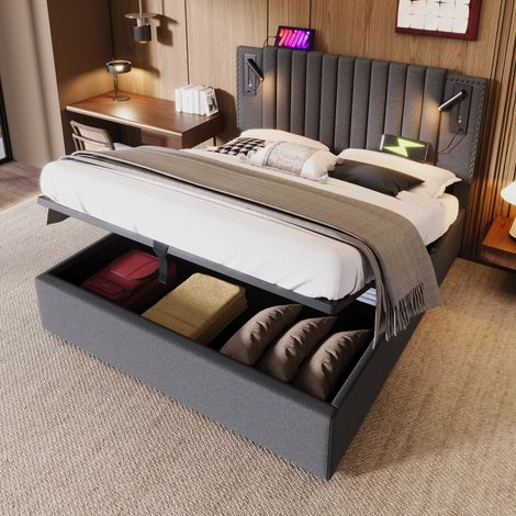 Bett 140x200 cm vintage grau aus Baumwolle, verstellbares Kopfteil mit Nieten, Leselicht, USB/Type-C und Bettkasten (1/5)