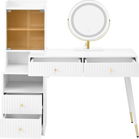 Frisiertisch mit 3-farbigem LED-Spiegel, 4 Schubladen, Vitrinenschrank, Weiß (1/5)