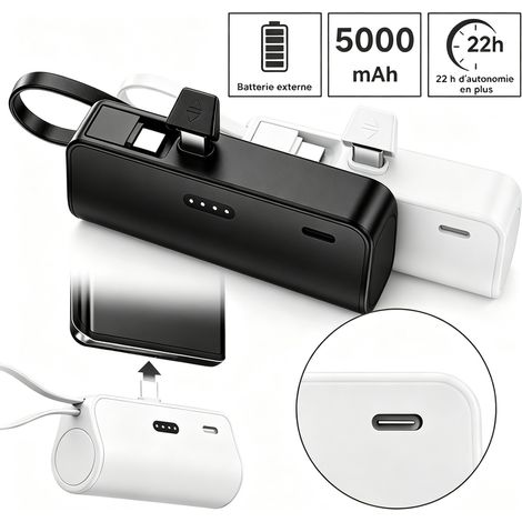 Batterie Externe Capsule 5000mAh avec Connecteur Intégré - Power bank offre 2en1 (1+1 GRATUIT), Couleur Aléatoire - 95g, LED, Protection CE