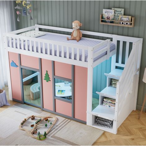 Cama semialta infantil 90x200 cm blanca y rosa de pino y MDF con escalera de almacenaje y LED (1/5)