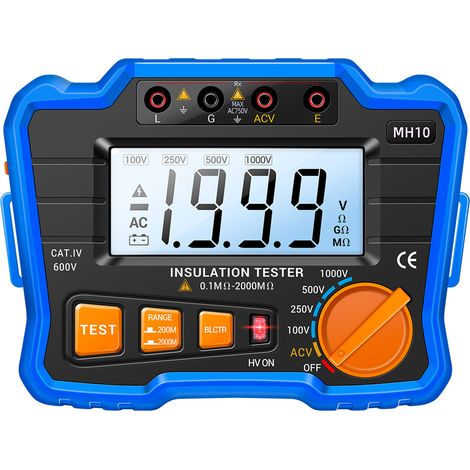 Mégohmmètre numérique avec écran LCD rétroéclairé, mesure isolation 0.1MΩ-2000MΩ, 100V/250V/500V/1000V, testeur résistance pour équipements électriques (1/3)