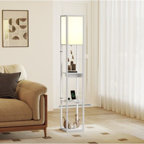 Lampada da terra con 3 ripiani, interruttore a pedale e porte USB, MDF bianco DESVIAE (1/5)
