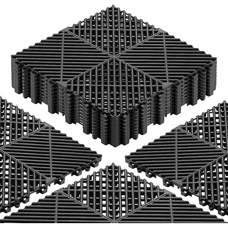 Dalles de Sol Clipsables pour Garage, Lot de 12, Tapis de Drainage Modulaire en PP, Système d'Emboîtement Antidérapant, pour Terrasse, Jardin, Balcon, Piscine, Spa, Sous-sol, 310x310 mm, Noir (1/5)