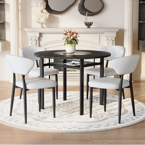 Juego de comedor (100x100x75 cm), mesa redonda con tablero de vidrio, sillas de PU, MDF, metal, negro y blanco (1/5)