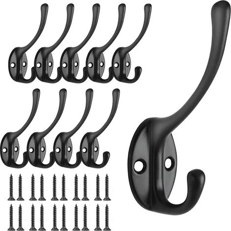 Lot de 10 crochets de suspension noirs - Design à double crochet - Crochet mural - Crochet pour clés - Crochet pour serviette (1/5)