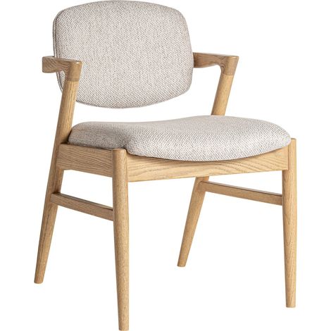 Chaise art déco en bois marron assise tissu beige confortable - Marron naturel et beige chiné (1/5)
