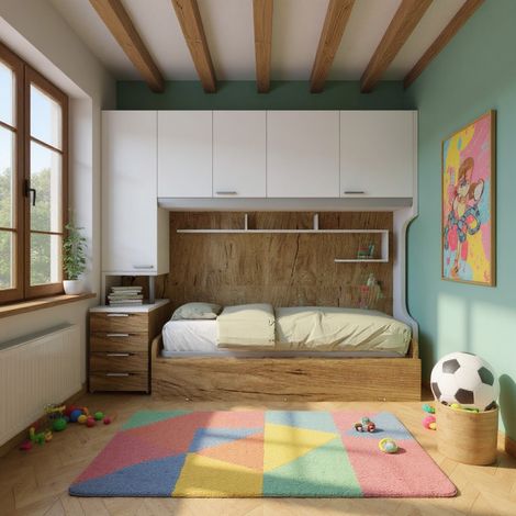 Cameretta a ponte con letto estraibile e spazio intelligente - Bianco e Quercia