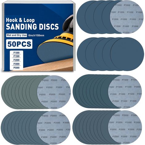 50x Schleifpapierscheiben 150mm Klett Set (P1000/P1500/P2000/P3000/P5000 je 10 Stk.), Nass & Trocken Schleifscheiben aus Siliziumkarbid für Exzenterschleifer, Polieren & Feinschliff (1/5)