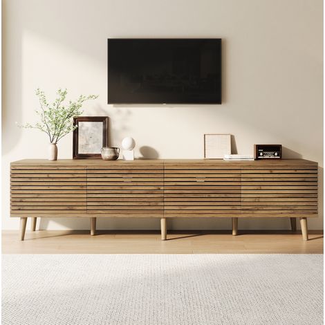 Mueble TV para 75 pulgadas (180x40x46 cm), 4 puertas, pasacables, MDF y tablero de partículas, natural (1/5)