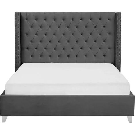 Lit double 180x200 cm velours gris tête capitonnée sommier inclus PRINCESSE (1/2)