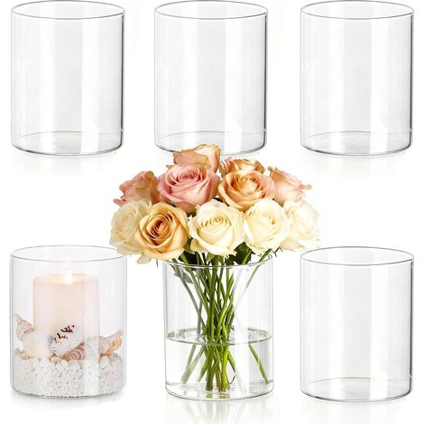 Vaso cilindrico in vetro trasparente, set di 6 vasi da fiori in vetro, vaso trasparente da 8 x 6,5 cm, decorazione da tavolo, vaso in vetro, per fiori, decorazione del soggiorno per matrimoni (1/5)