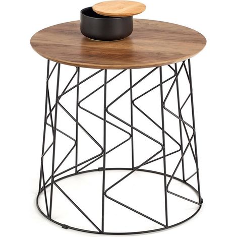 Table basse ronde 50cm avec plateau style noyer et structure design en acier noir Sarah (1/5)