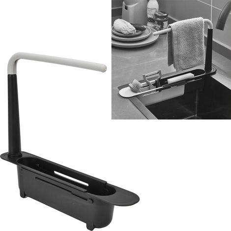 Support de rangement télescopique pour évier de cuisine, longueur réglable, grande capacité, en polypropylène, extensible, noir (1/5)